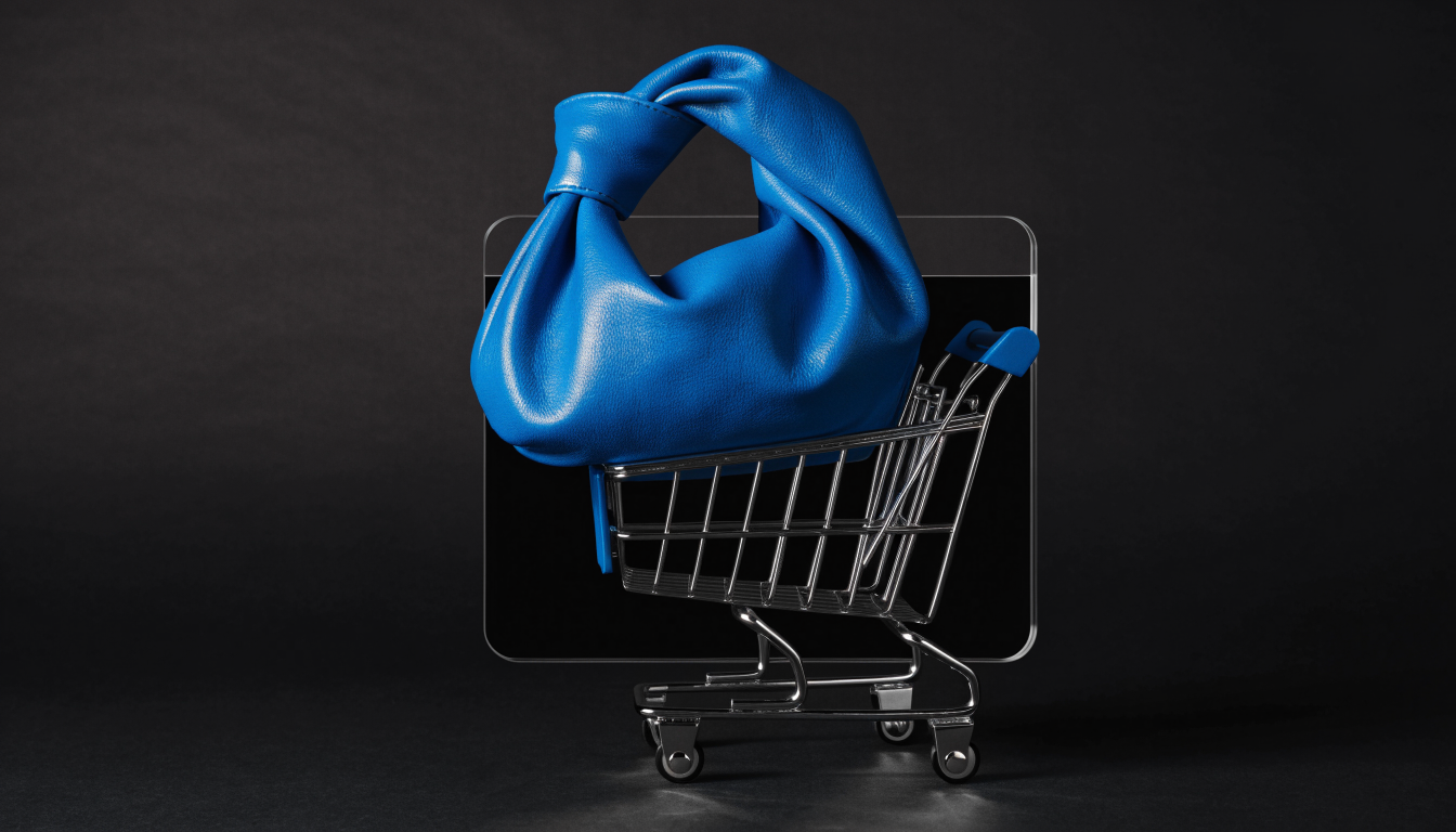 Carrito cromado con bolso azul frente a una ventana de navegador: ilustración conceptual de ecommerce.